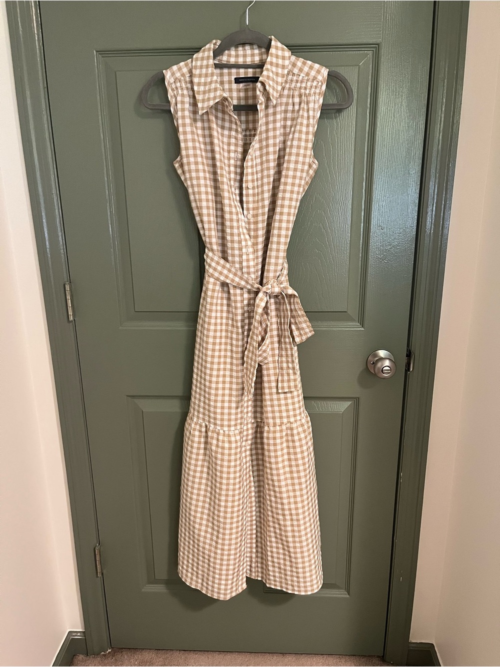 Tommy Hilfiger Beige Gingham Sleeveless Maxi Dress with Tie Waist